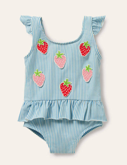Blue Stripe Strawberry Frill Waist Swimsuit-Blue/Ivory Strawberries