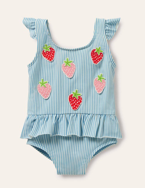 Blue Stripe Strawberry Frill Waist Swimsuit-Blue/Ivory Strawberries