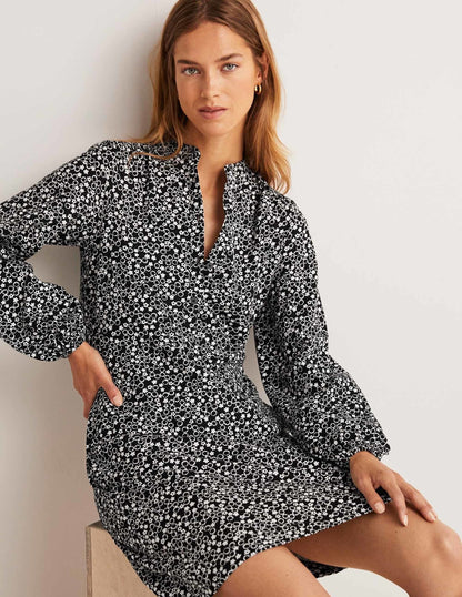 Belted Jersey Shirt Dress-Black, Floral Pebble