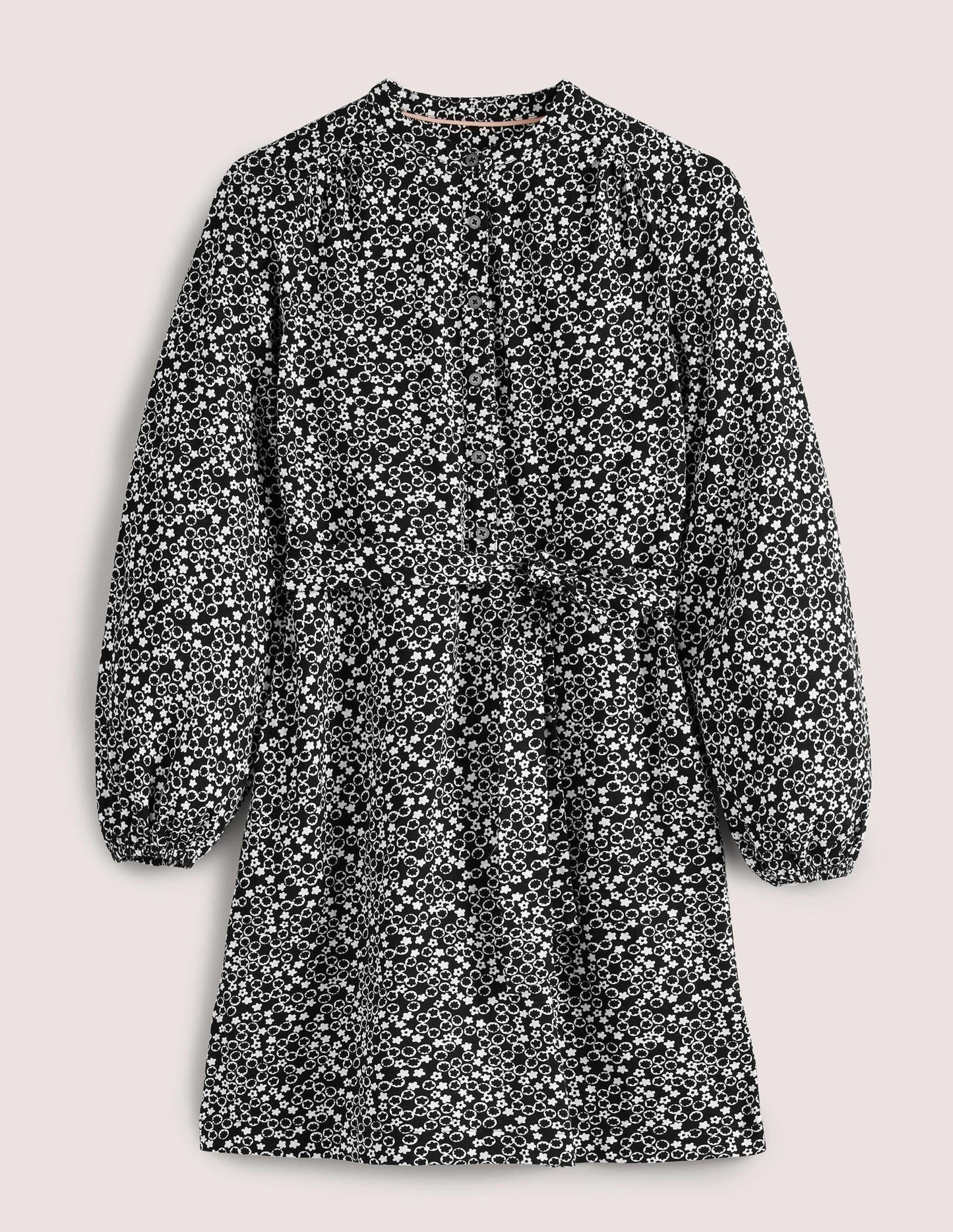 Belted Jersey Shirt Dress-Black, Floral Pebble