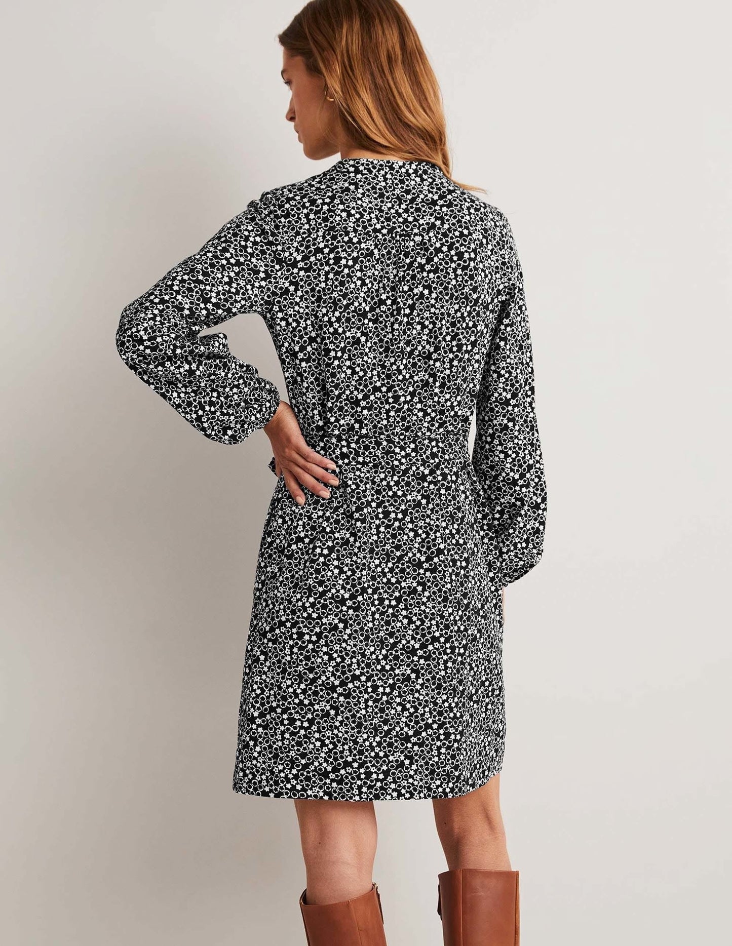 Belted Jersey Shirt Dress-Black, Floral Pebble