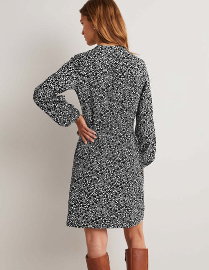 Belted Jersey Shirt Dress-Black, Floral Pebble