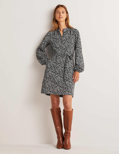 Belted Jersey Shirt Dress-Black, Floral Pebble