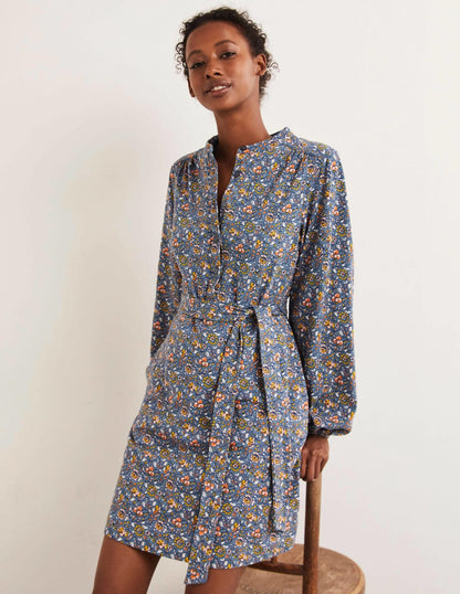 Belted Jersey Shirt Dress-Mid Blue, Botanic Meadow