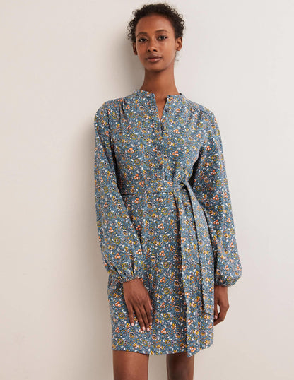 Belted Jersey Shirt Dress-Mid Blue, Botanic Meadow