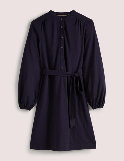Belted Jersey Shirt Dress-Navy