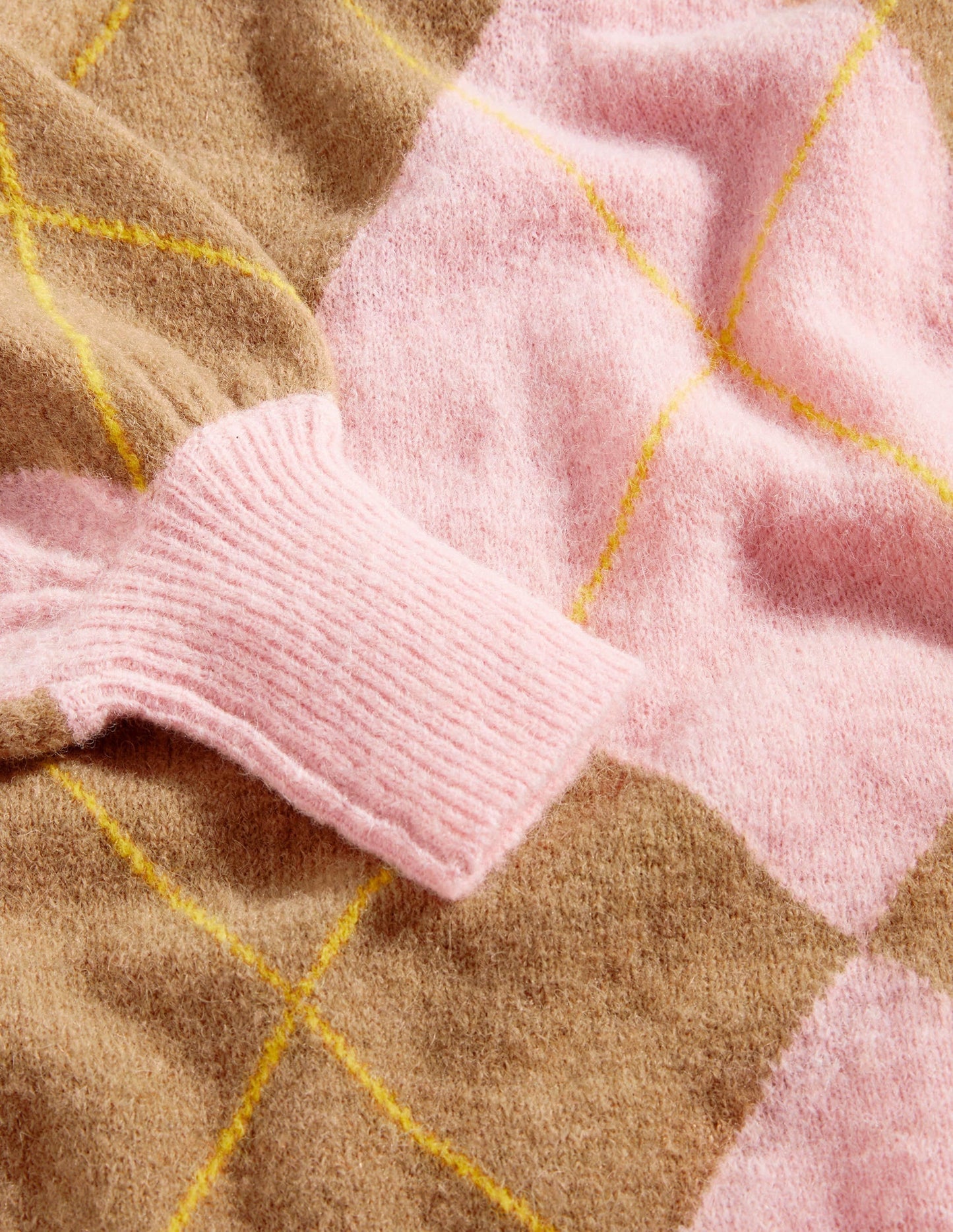 Blouson Sleeve Fluffy Sweater-Camel, Boto Pink Argyle