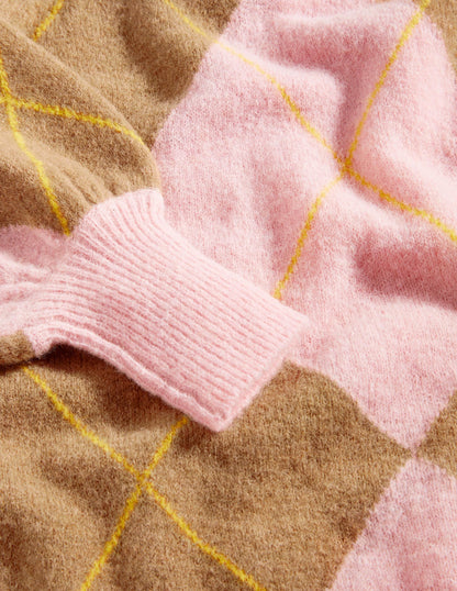 Blouson Sleeve Fluffy Sweater-Camel, Boto Pink Argyle