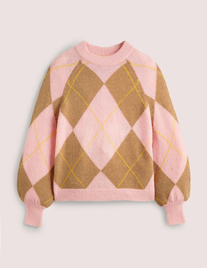 Blouson Sleeve Fluffy Sweater-Camel, Boto Pink Argyle