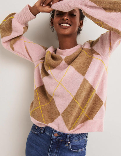 Blouson Sleeve Fluffy Sweater-Camel, Boto Pink Argyle
