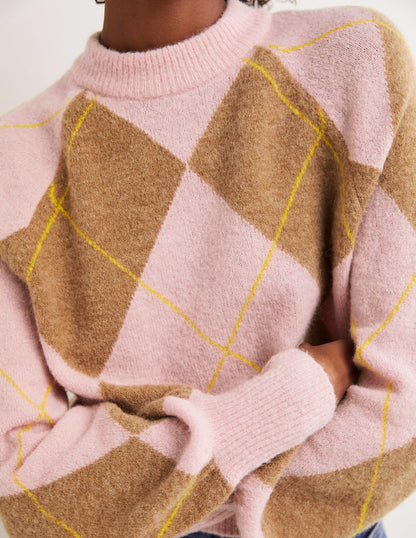 Blouson Sleeve Fluffy Sweater-Camel, Boto Pink Argyle