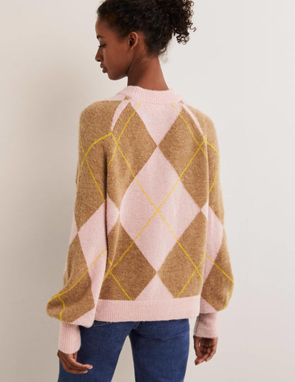 Blouson Sleeve Fluffy Sweater-Camel, Boto Pink Argyle