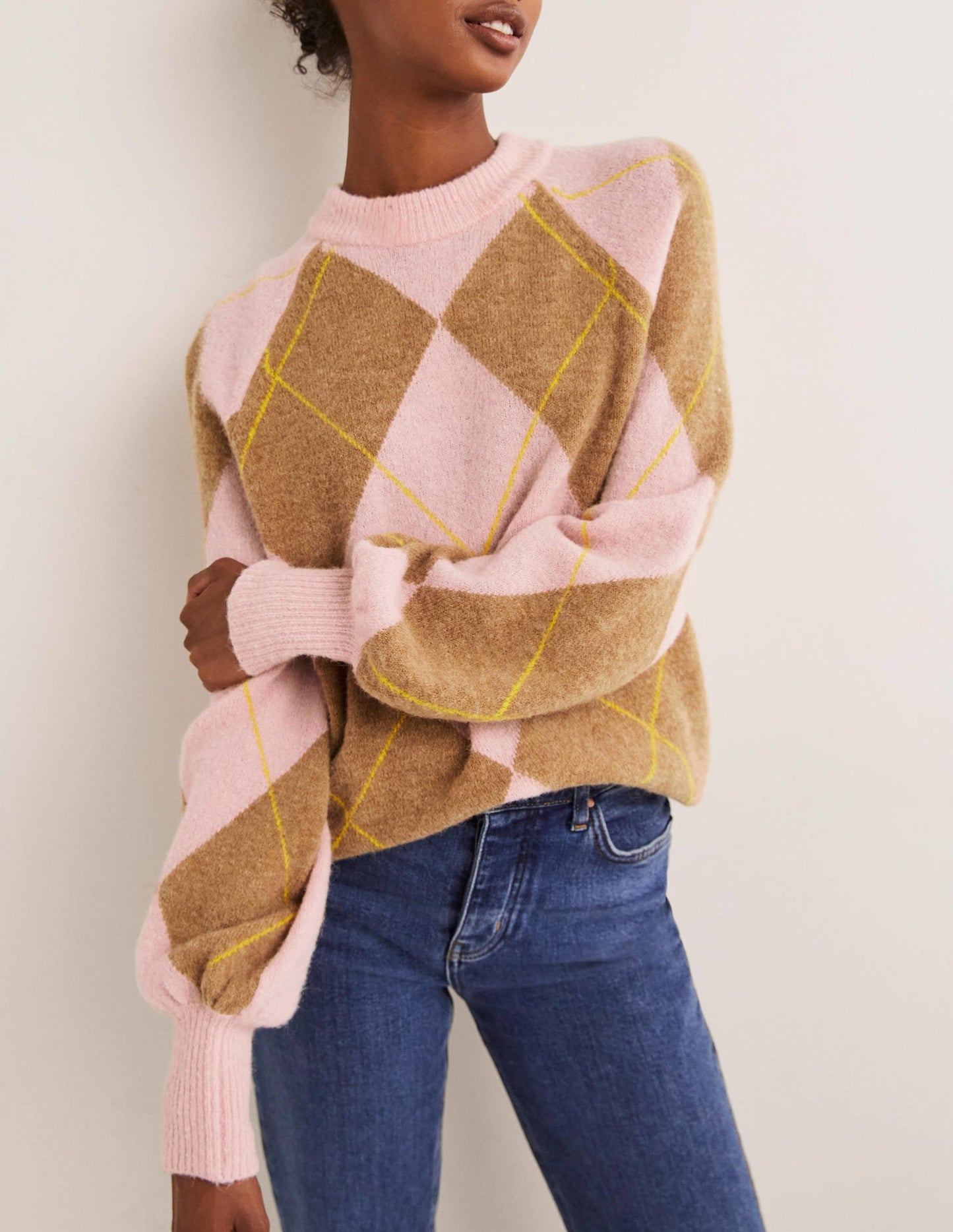 Blouson Sleeve Fluffy Sweater-Camel, Boto Pink Argyle