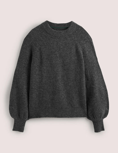 Blouson Sleeve Fluffy Sweater-Charcoal Melange