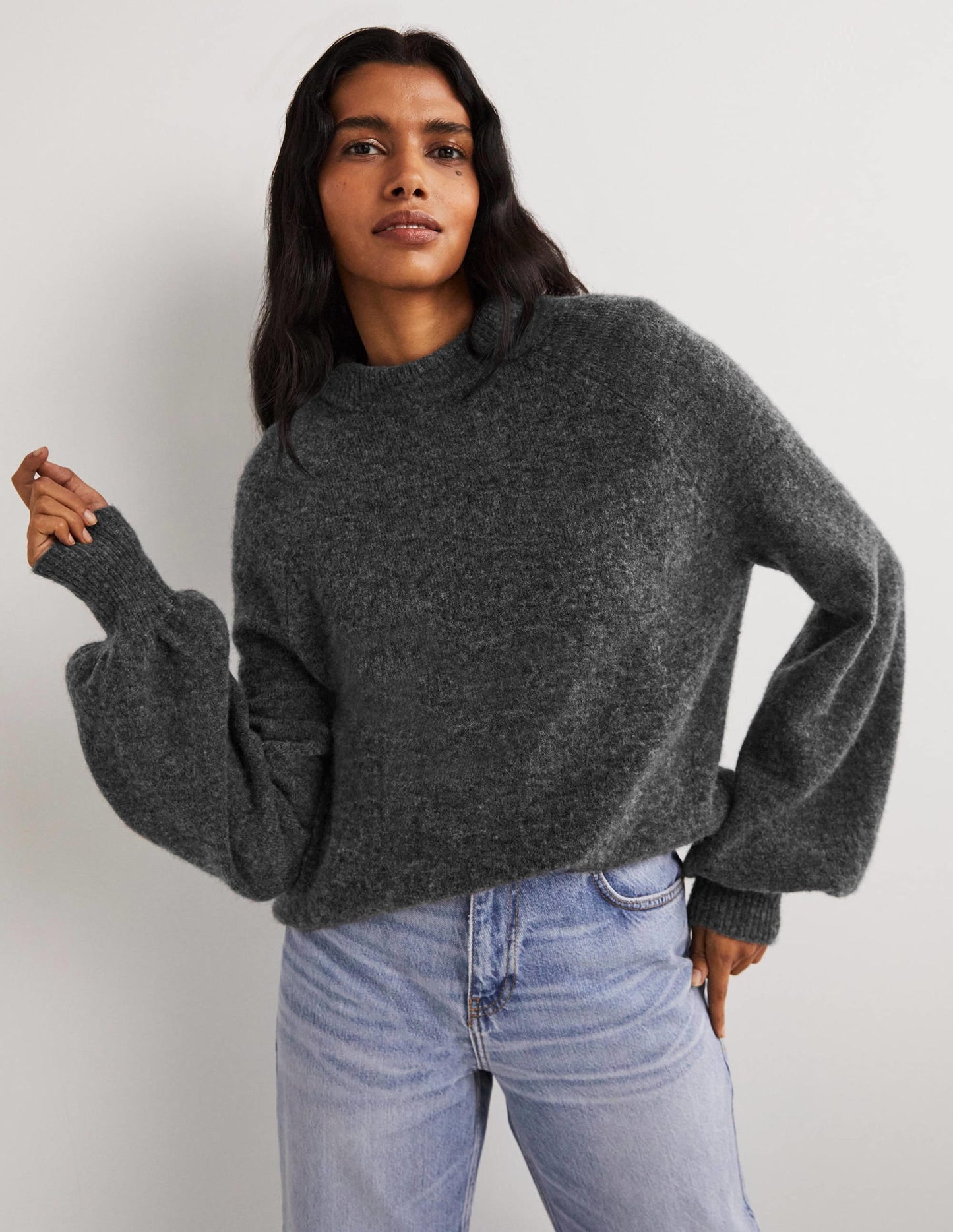 Blouson Sleeve Fluffy Sweater-Charcoal Melange