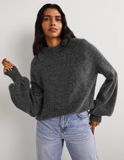 Blouson Sleeve Fluffy Sweater-Charcoal Melange