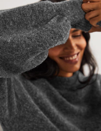 Blouson Sleeve Fluffy Sweater-Charcoal Melange