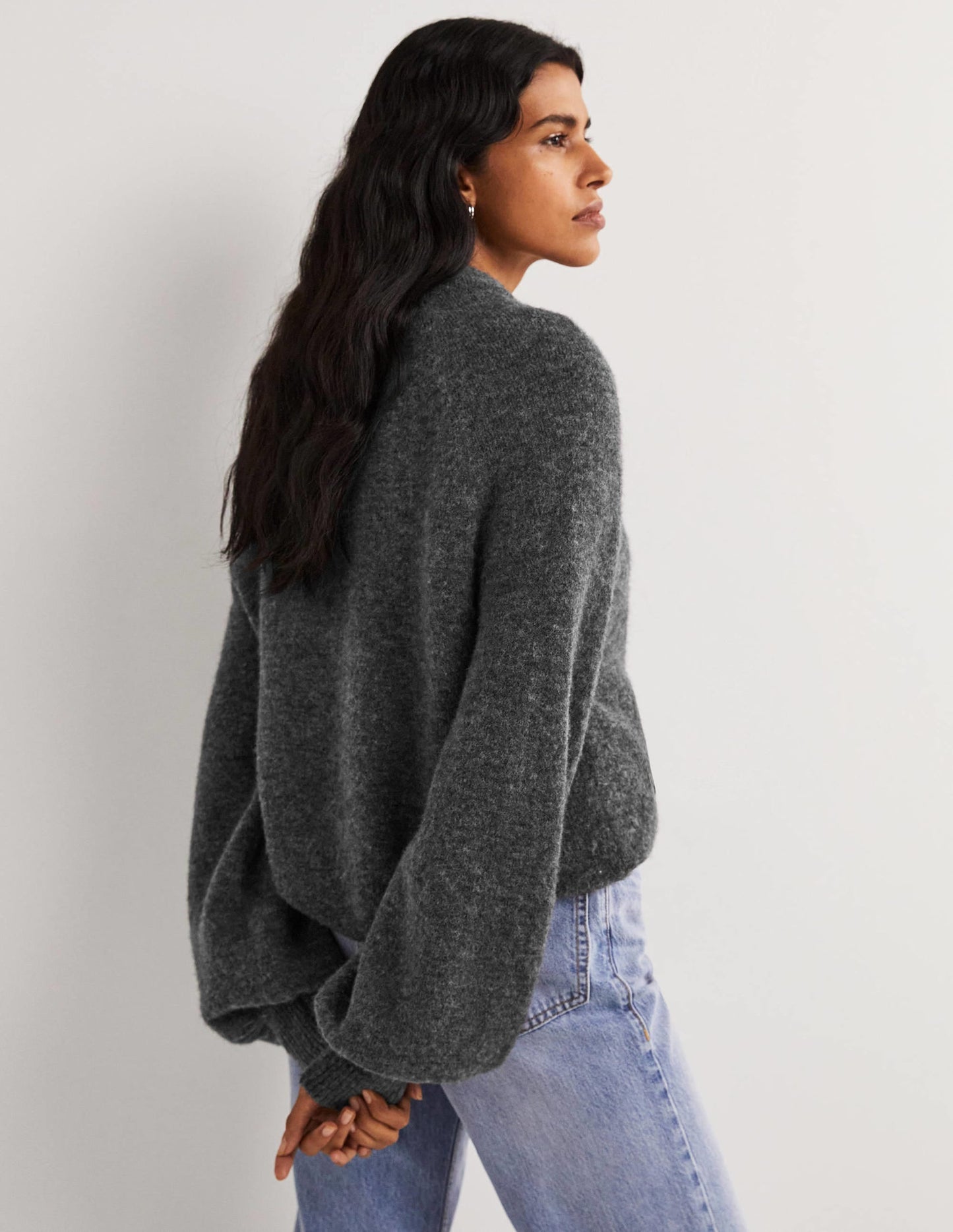 Blouson Sleeve Fluffy Sweater-Charcoal Melange