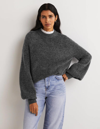 Blouson Sleeve Fluffy Sweater-Charcoal Melange
