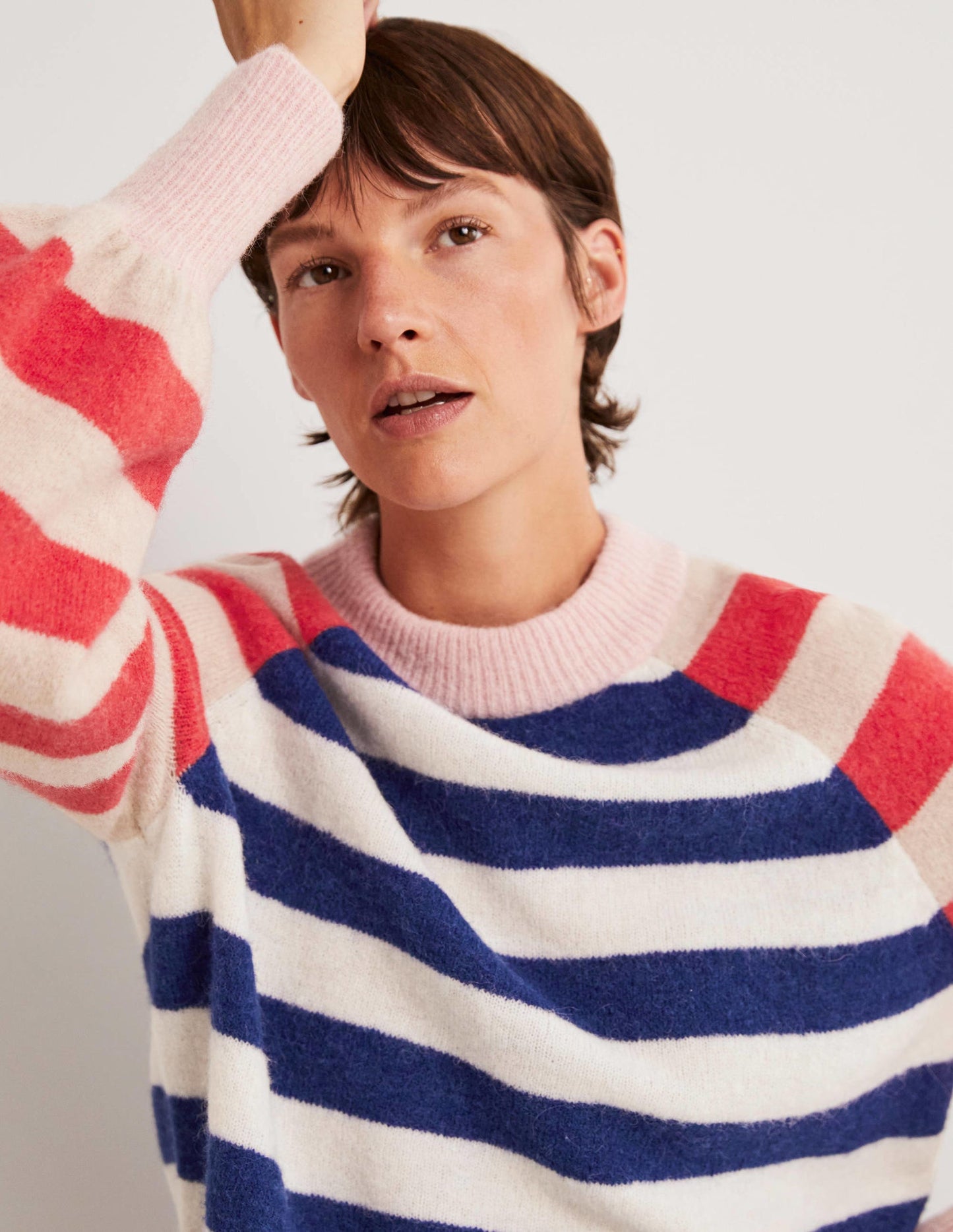 Blouson Sleeve Fluffy Sweater-Starboard, Ivory Mixed Stripe