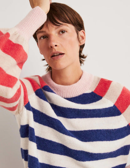 Blouson Sleeve Fluffy Sweater-Starboard, Ivory Mixed Stripe