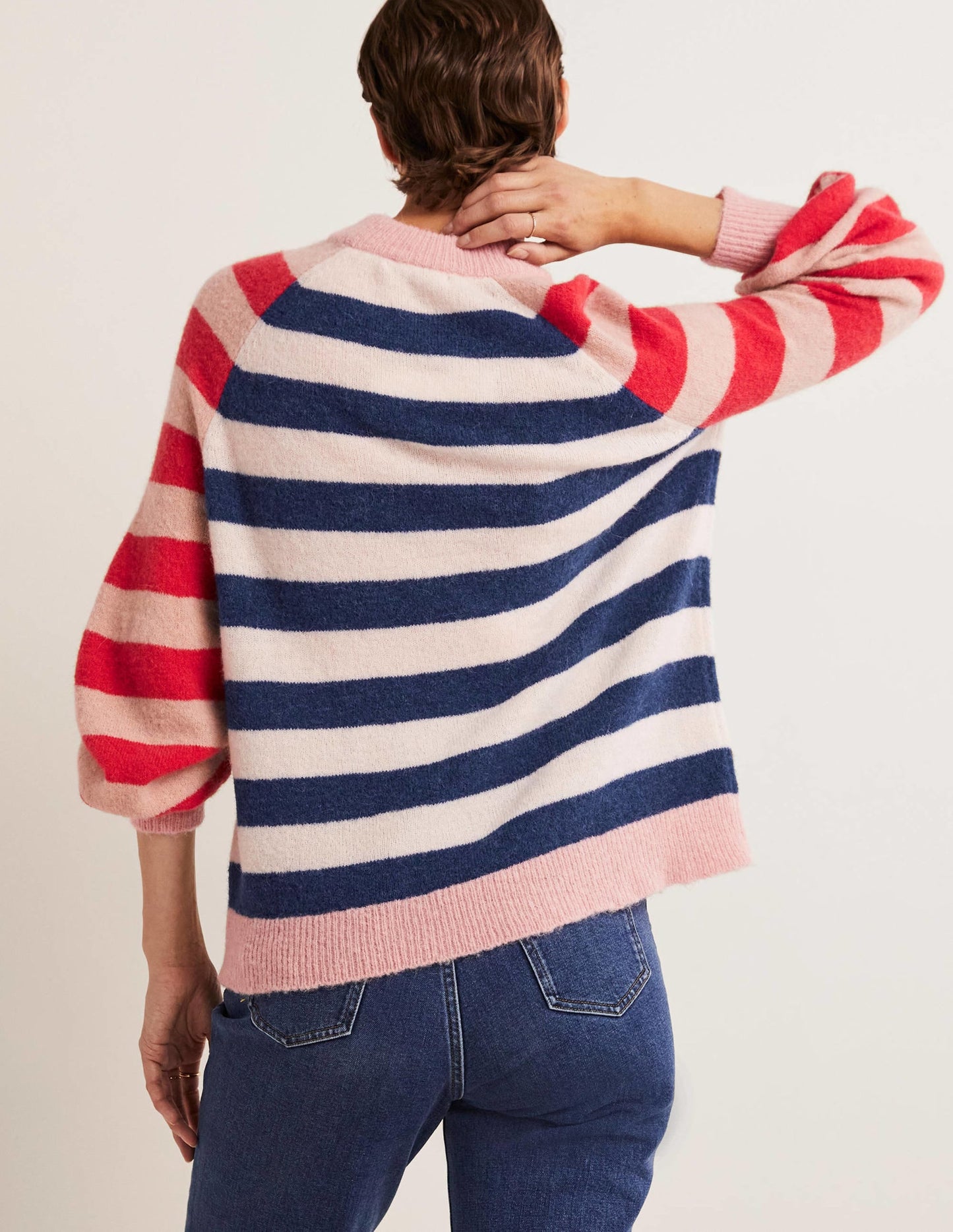 Blouson Sleeve Fluffy Sweater-Starboard, Ivory Mixed Stripe