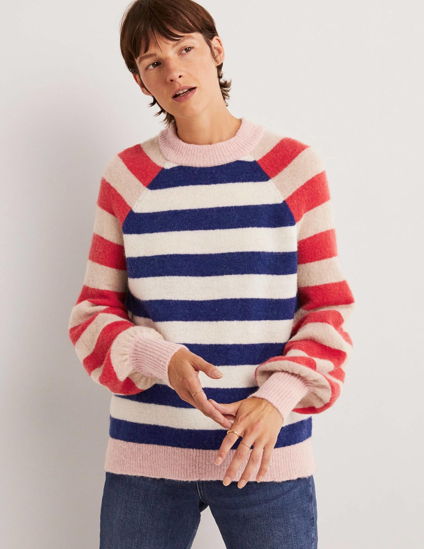 Blouson Sleeve Fluffy Sweater-Starboard, Ivory Mixed Stripe