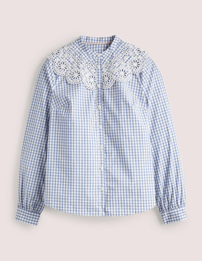 Broderie Collar Shirt-Blue, Gingham