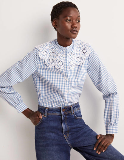 Broderie Collar Shirt-Blue, Gingham