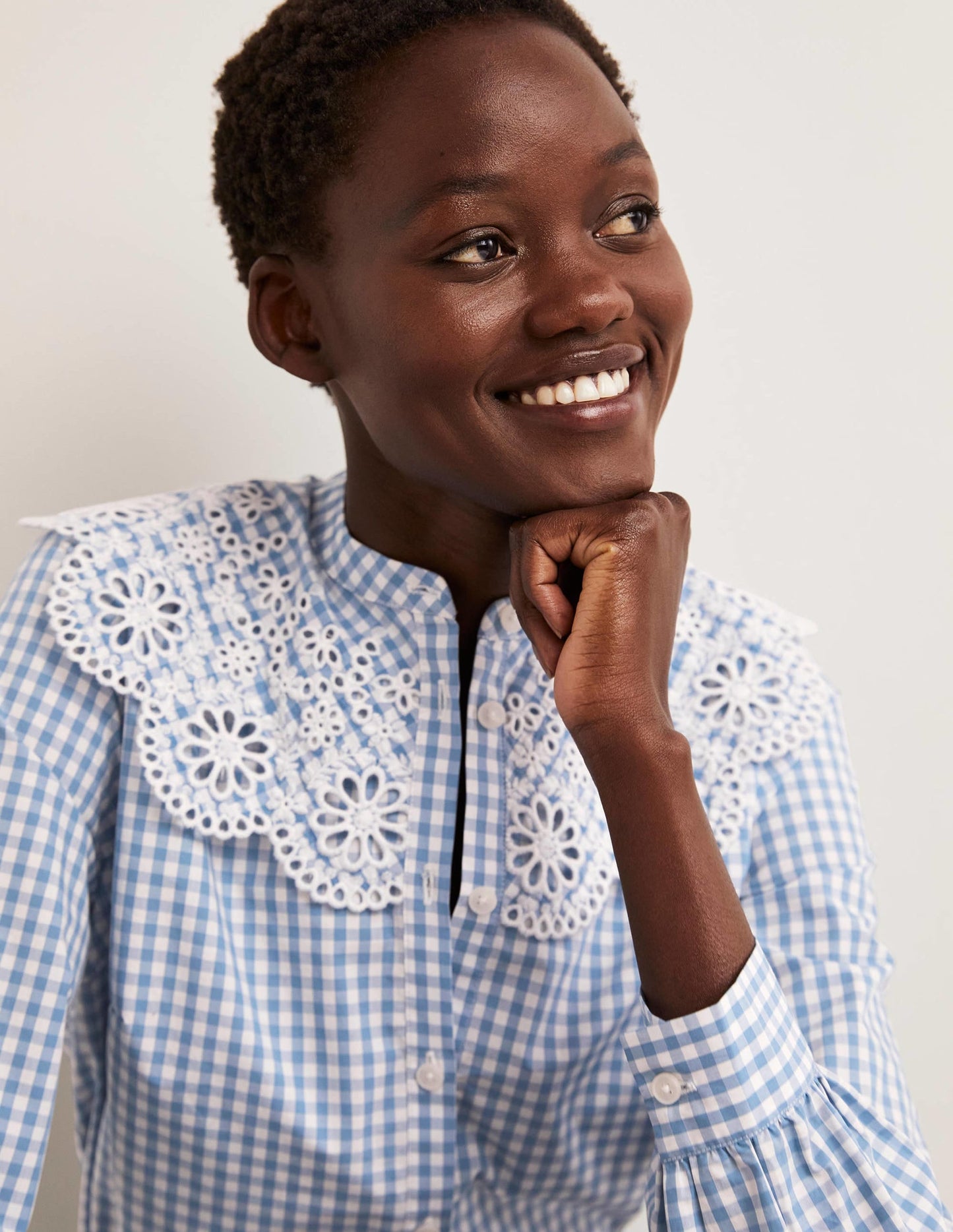 Broderie Collar Shirt-Blue, Gingham