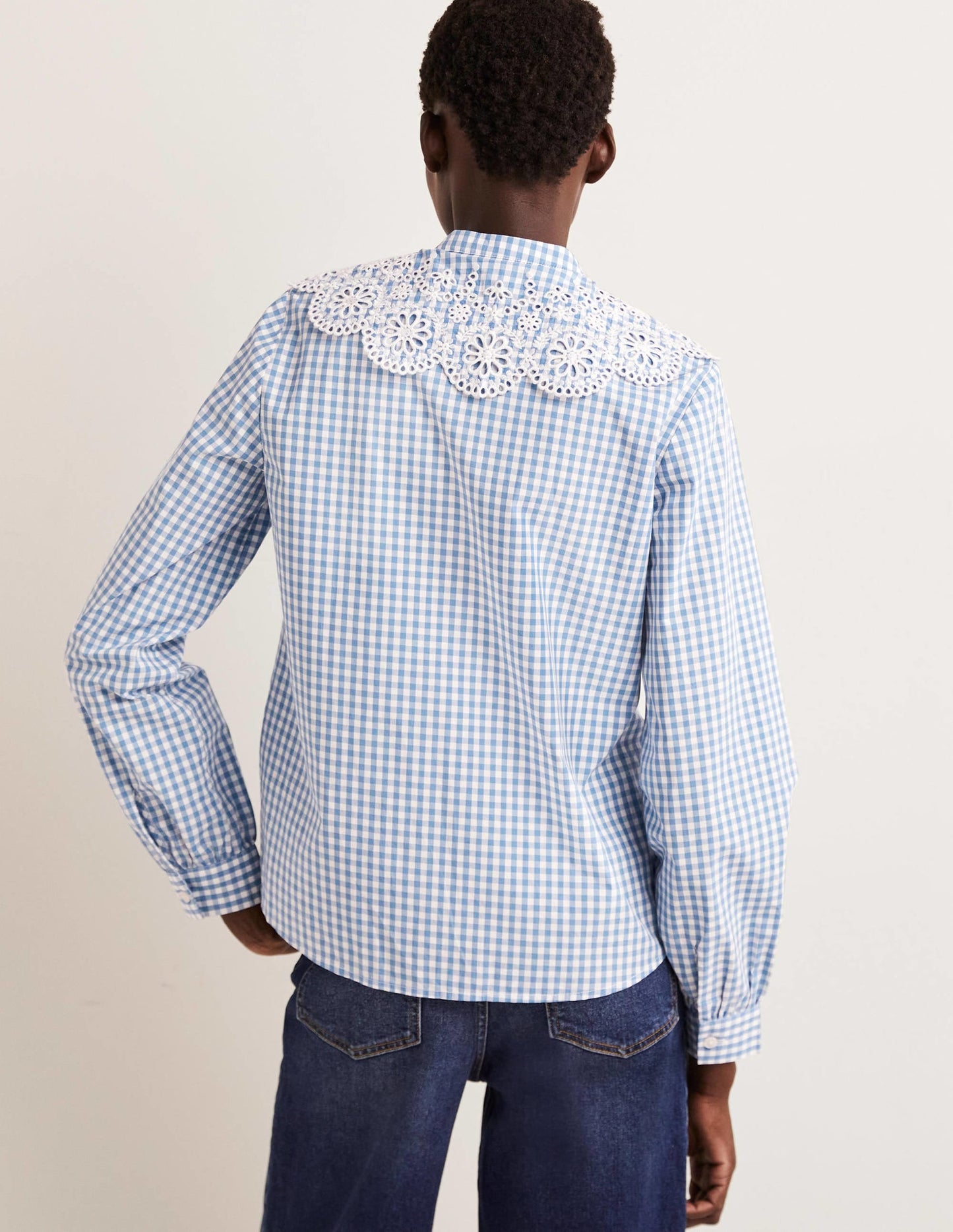 Broderie Collar Shirt-Blue, Gingham