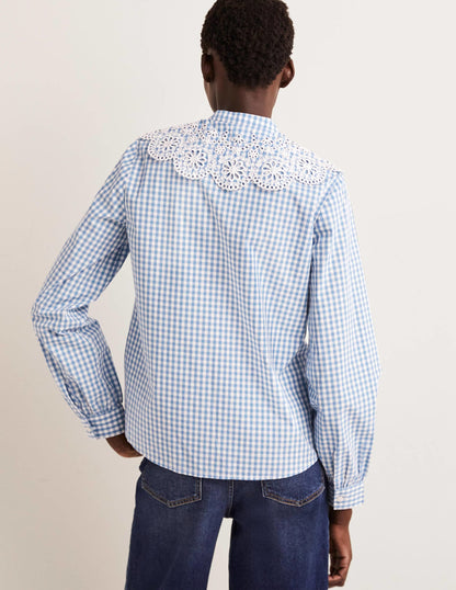 Broderie Collar Shirt-Blue, Gingham
