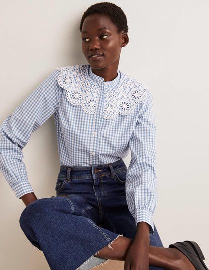 Broderie Collar Shirt-Blue, Gingham