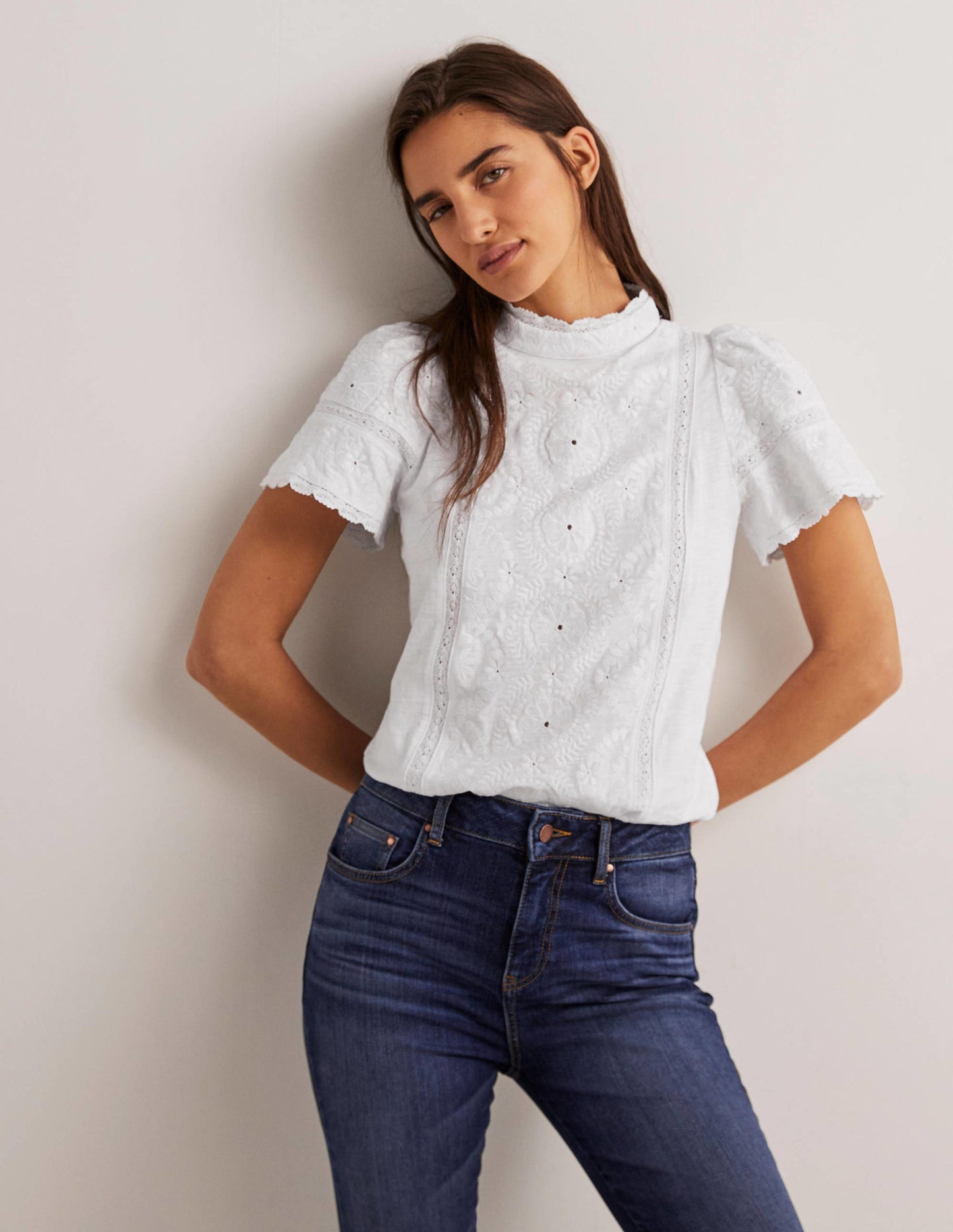 Broderie High Neck Jersey Top-White
