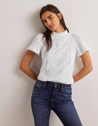 Broderie High Neck Jersey Top-White