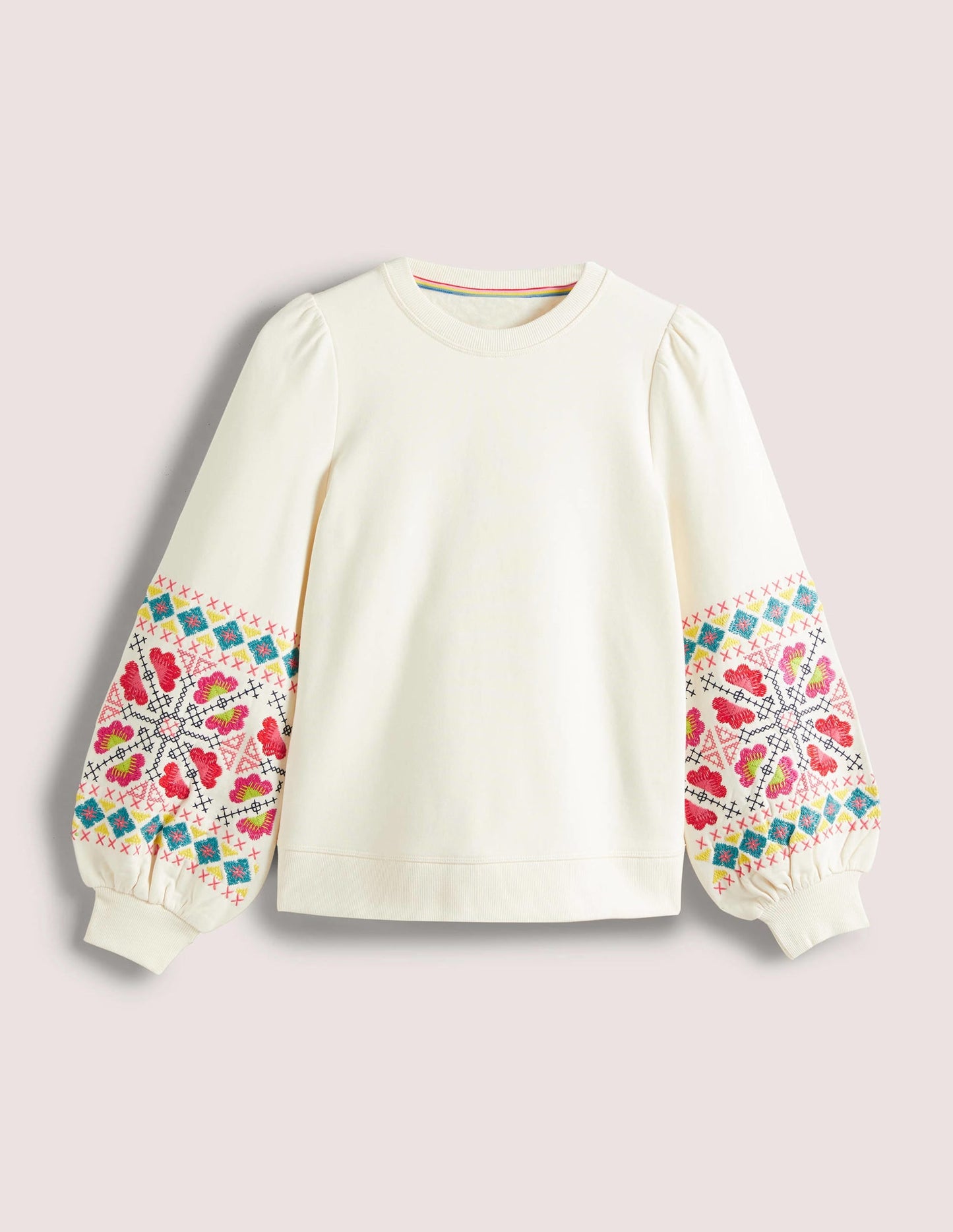 Blouson Sleeve Sweatshirt-Ivory, Multi Embroidery