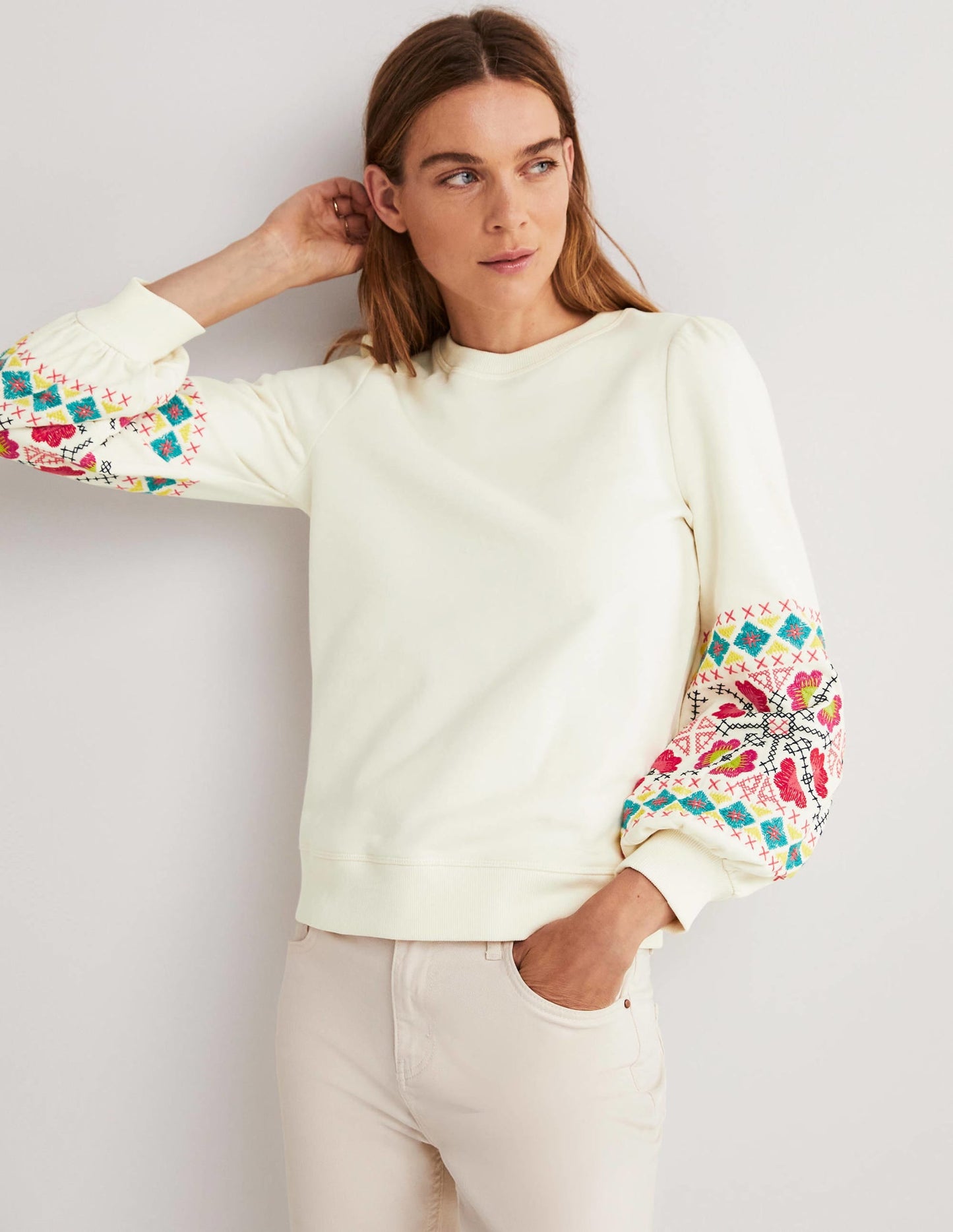 Blouson Sleeve Sweatshirt-Ivory, Multi Embroidery