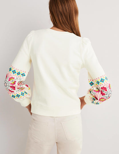 Blouson Sleeve Sweatshirt-Ivory, Multi Embroidery