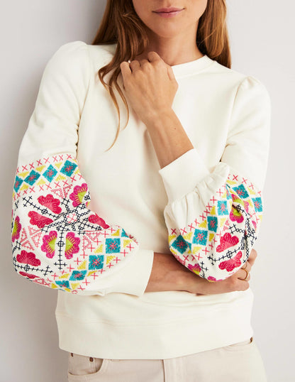 Blouson Sleeve Sweatshirt-Ivory, Multi Embroidery