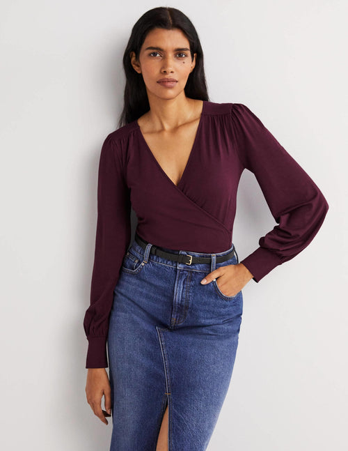 Blouson Wrap Top-Mulled Wine Purple