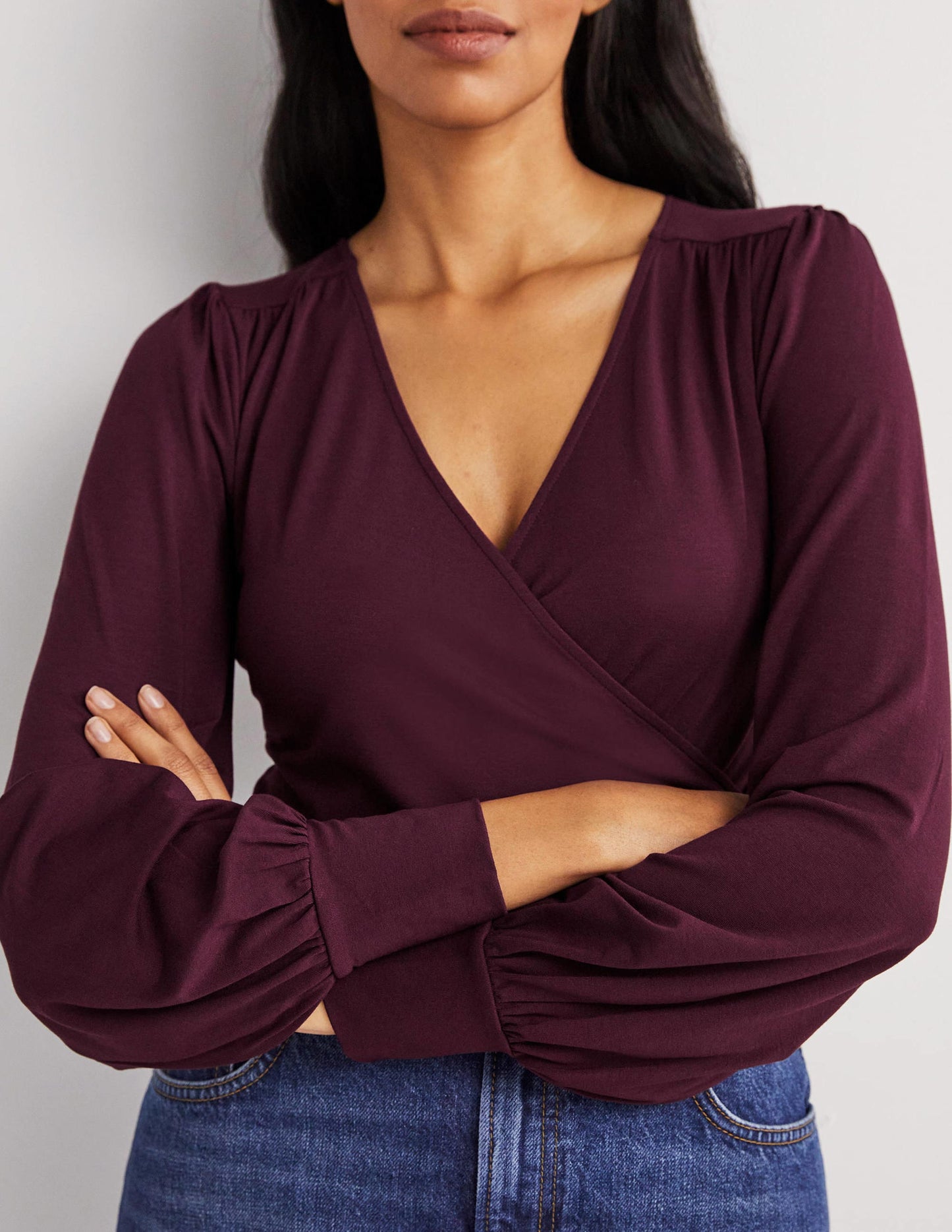 Blouson Wrap Top-Mulled Wine Purple