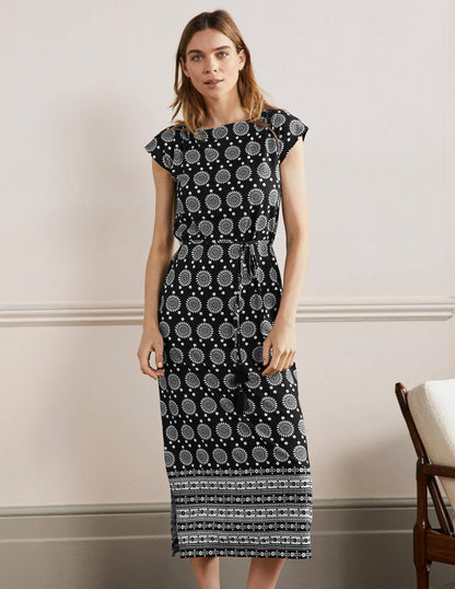 Belted Jersey Midi Dress-Black Sun Geo