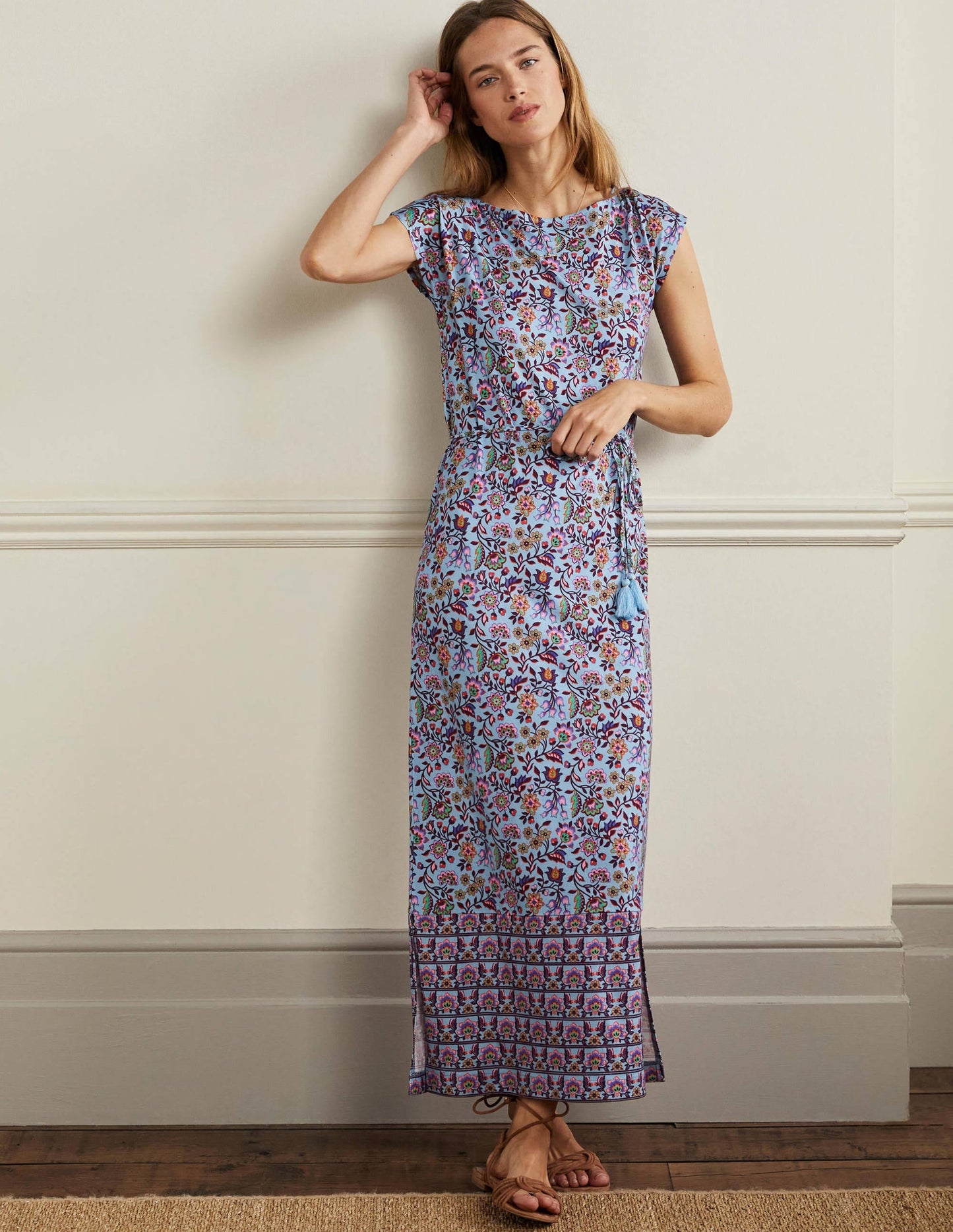 Belted Jersey Midi Dress-Dusty Blue Oriental Meadow