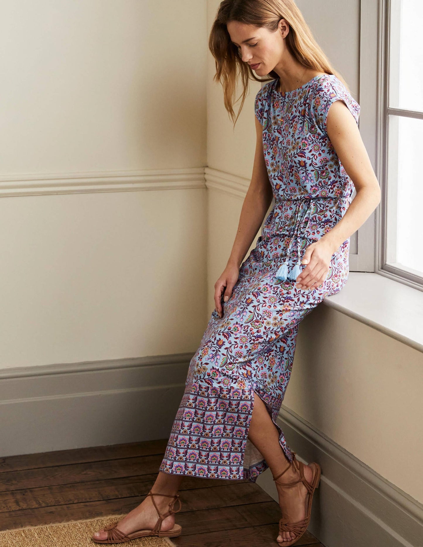 Belted Jersey Midi Dress-Dusty Blue Oriental Meadow