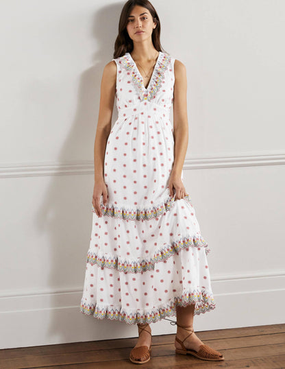 Broderie Ruffle Maxi Dress-White