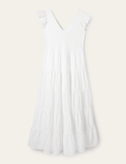 Broderie Mix Jersey Maxi Dress-White