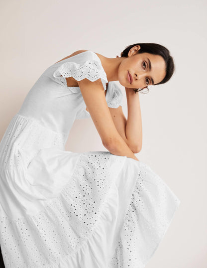 Broderie Mix Jersey Maxi Dress-White