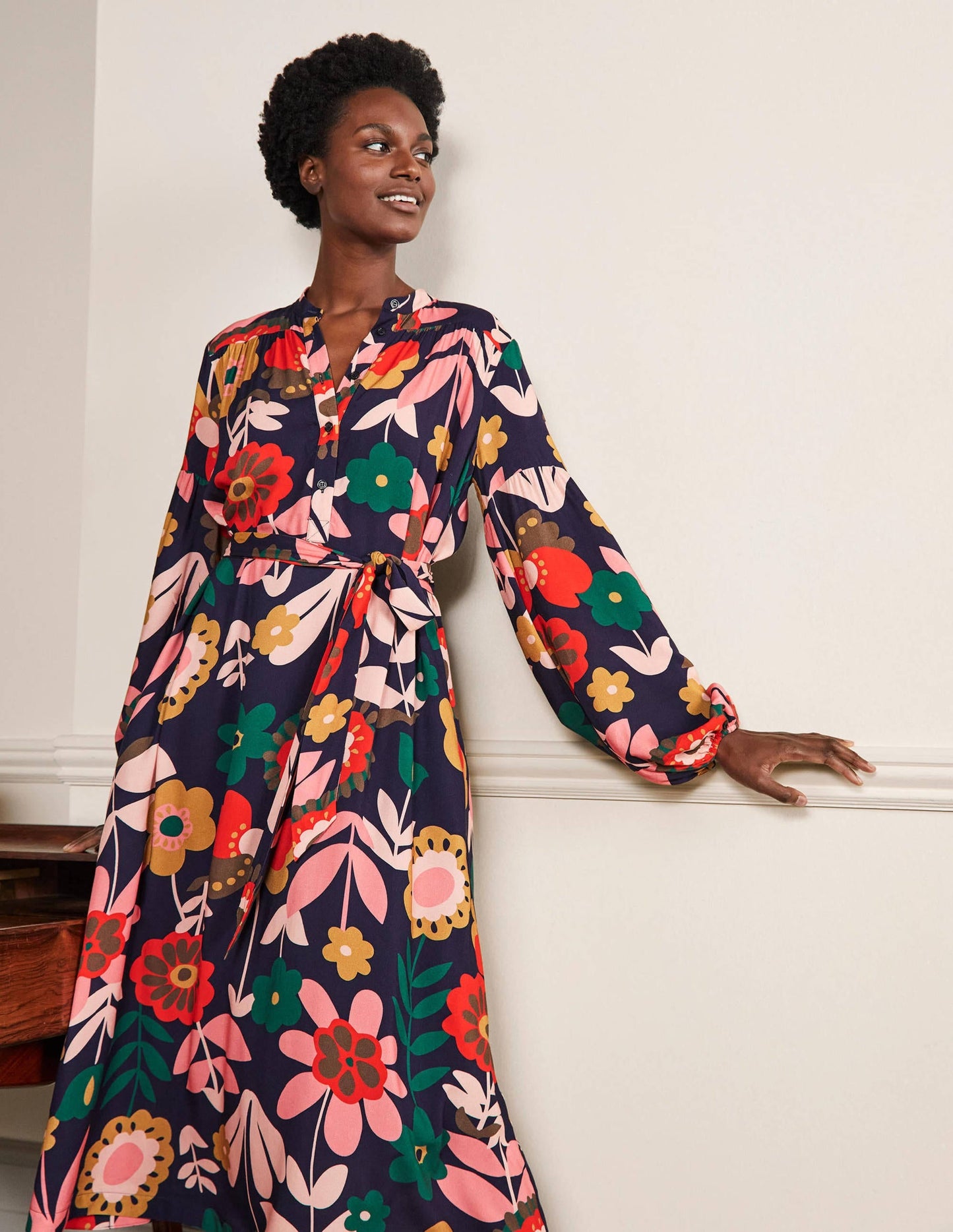 Blouson Sleeve Midi Dress-French Navy, Flora Bloom