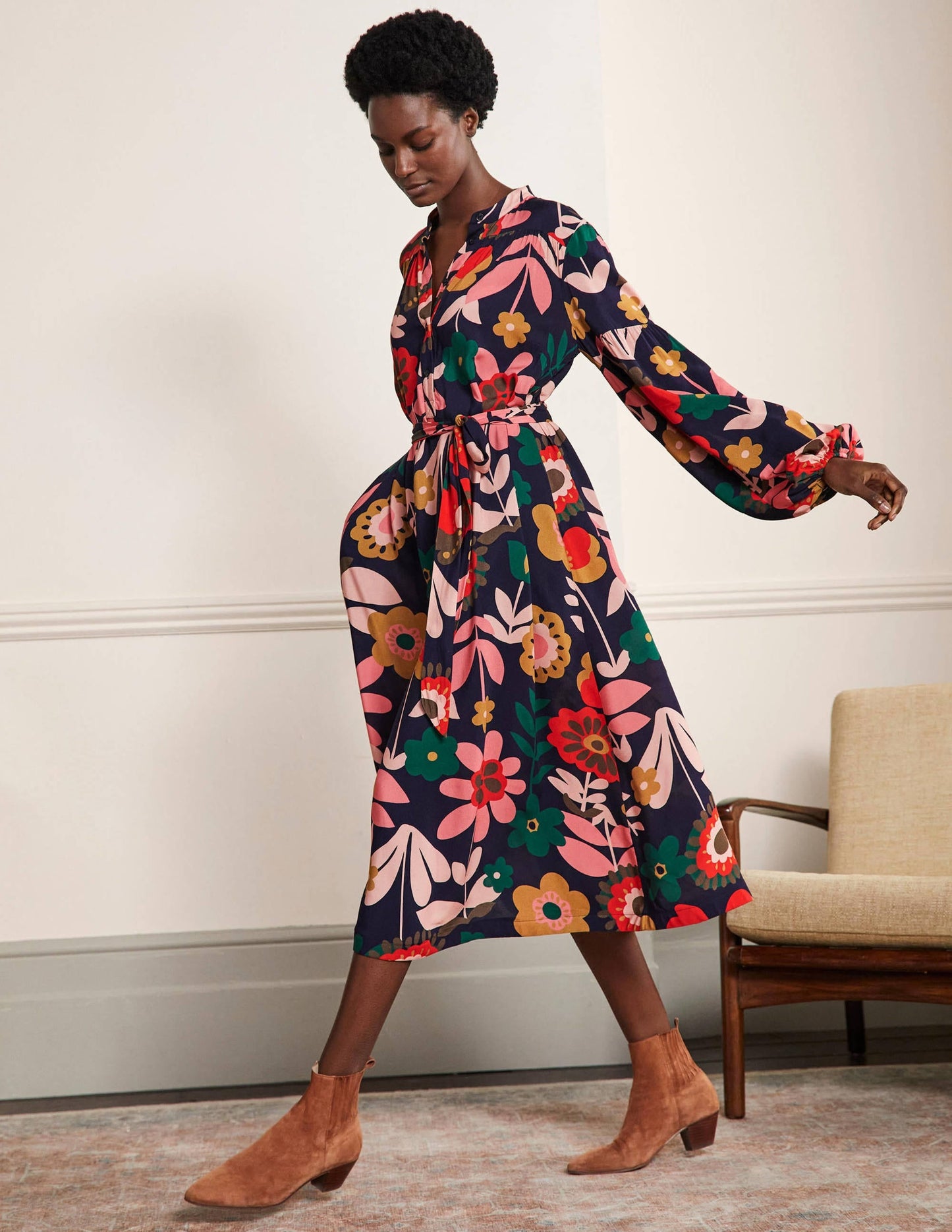 Blouson Sleeve Midi Dress-French Navy, Flora Bloom