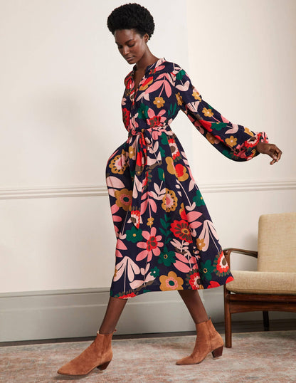 Blouson Sleeve Midi Dress-French Navy, Flora Bloom